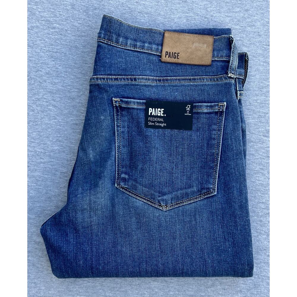 PAIGE Federal Slim Straight Stretch Jeans Medium Wash Blue 32 x 32 NWT - Picture 3 of 11